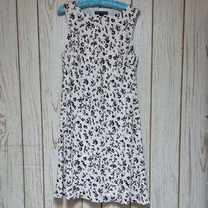 White Midi Lined Dress w/ Black Blue Floral Print A-Line Sleeveless Size 14